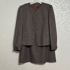 Peabody House Vintage Skirt Suit Set Brown Herringbone 100% Wool Blazer Jacket M